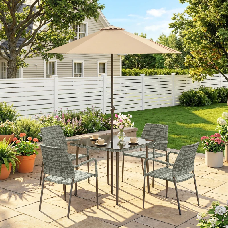 Outsunny 4 Seater Rattan Dining Set with Parasol, 6 Piece Garden Table and Stackable Chairs with Tempered Glass Tabletop