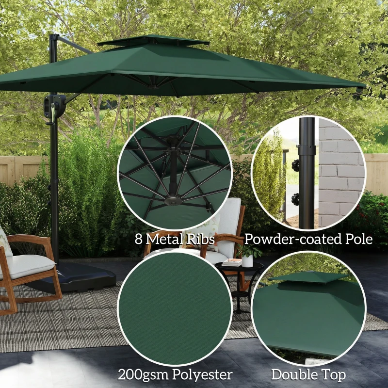 Outsunny Cantilever Parasol with Weighted Base Double Top Garden Parasol Square Hanging Patio Umbrella with Crank Tilt Dark Green