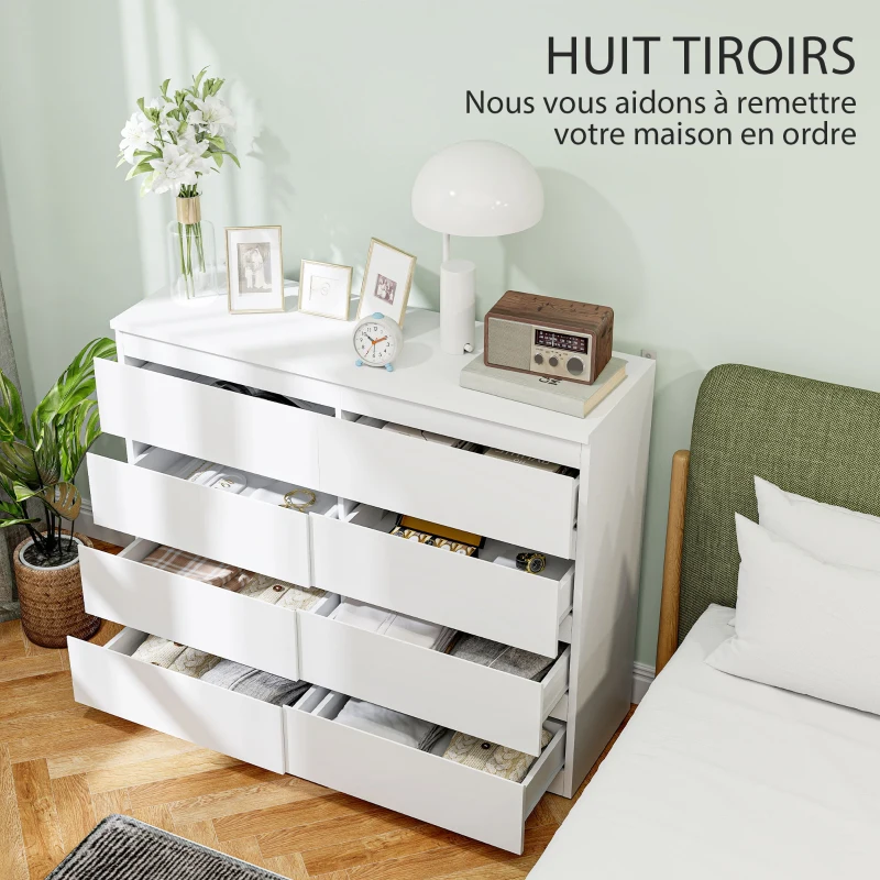 HOMCOM Commode 8 tiroirs meuble de rangement sans poignées design minimaliste 120 x 39 x 100 cm blanc