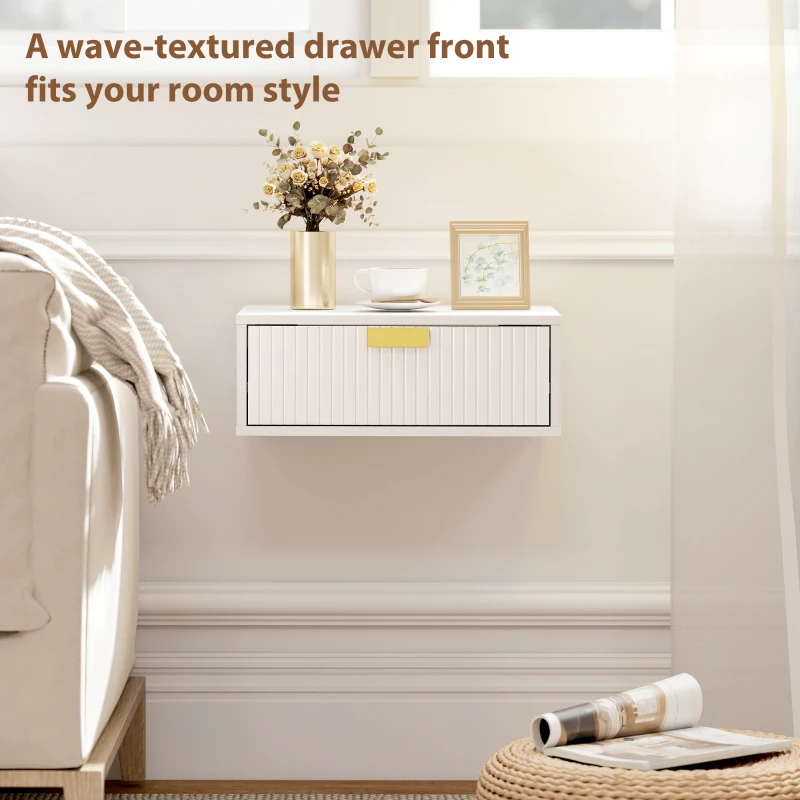 HOMCOM Modern Floating Nightstands Set of 2, Wall Mounted Bedside Tables with Wave Drawer White