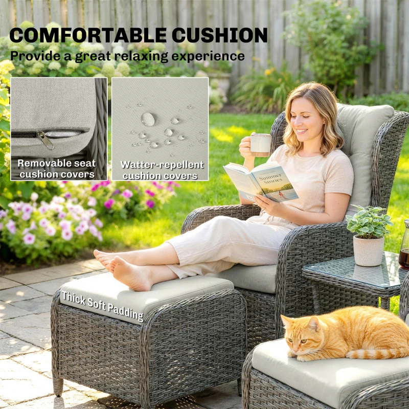 Outsunny 5 Piece Garden Furniture Set, Rattan Reclining Garden Chair Set of 2 with Footstool and Cushion for Balcony, Cream