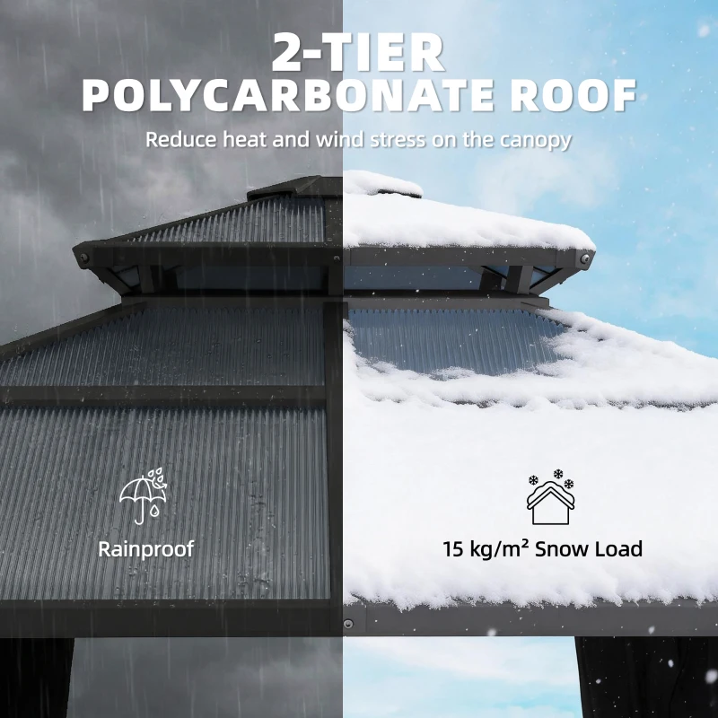 Outsunny 2.5 x 2.5 m Hardtop Gazebo Canopy with Double PC Roof, Drainage Gutters, Garden Gazebo Permanent Pavilion, Dark Grey