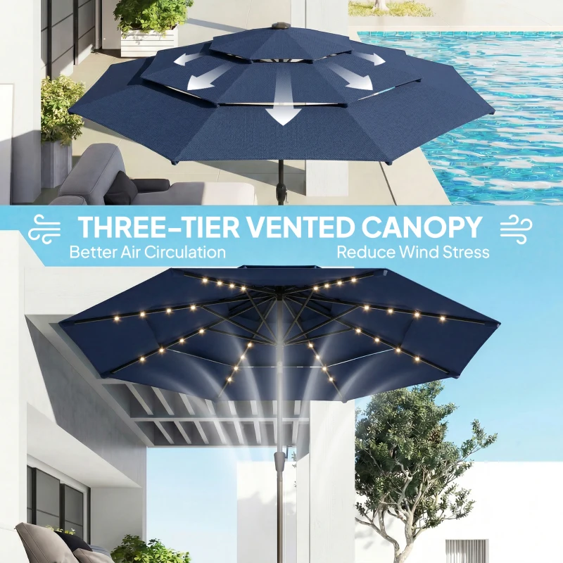 Outsunny 2.8 m Garden Parasol Umbrella with LED Solar Light, Parasol Cover, 3 Tier Outdoor Table Market Patio Umbrella, Navy Blue