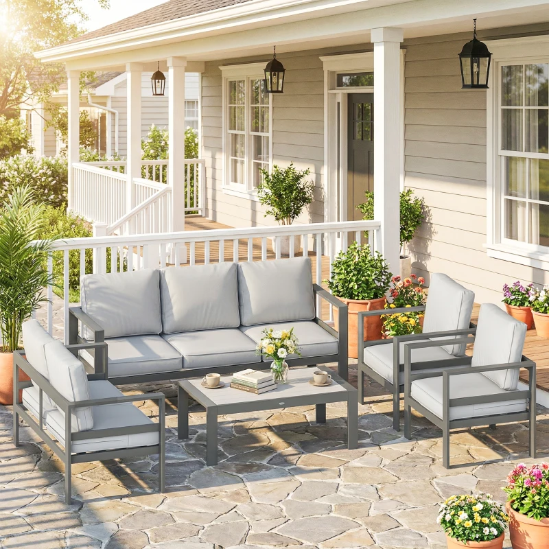 Outsunny 5 Pieces Aluminium Garden Furniture Set with Olefin Cushions, Extra Deep Outdoor Garden Sofa Set, Dark Grey