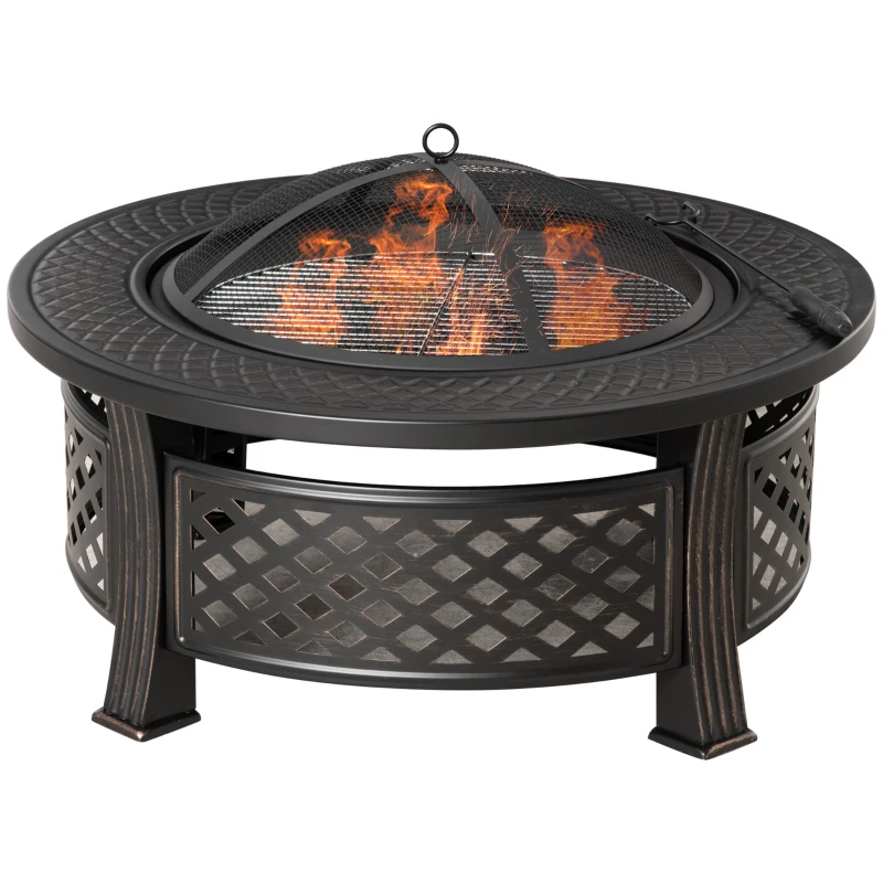 Outsunny Outdoor Fire Pit, Firepit with Grill Net, Mesh Lid, Poker, for Camping, Bonfire, Picnic, Bronze Tone