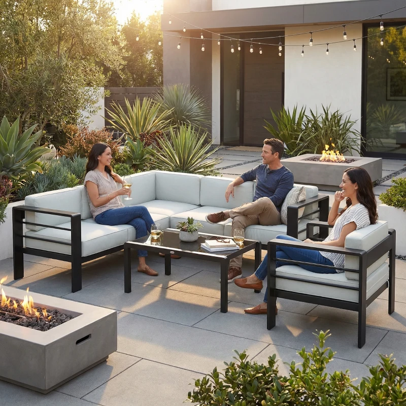 Outsunny 5-Piece Garden Corner Sofa Set with Cushions, 6 Seater Aluminium Garden Furniture Set with Coffee Table, Light Grey