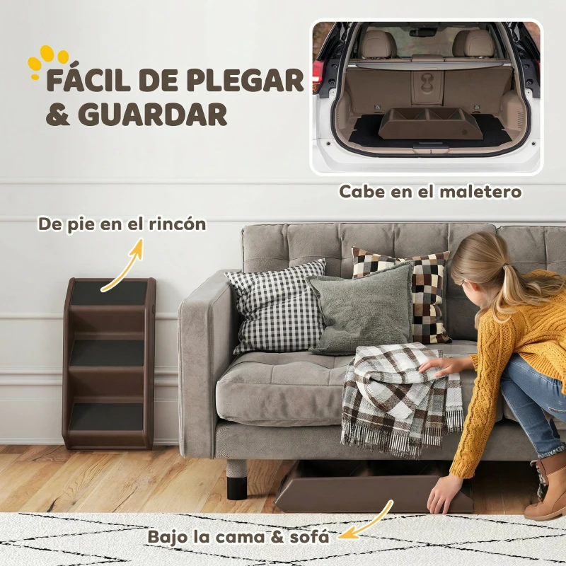 PawHut Escalera para Perros Plegable de 3 Peldaños para Mascotas Mayores para Cama Sofá 53x30,5x36,5 cm Marrón