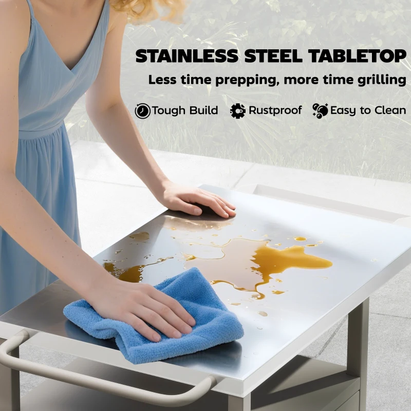 Outsunny Grill Cart with Stainless Steel Top, Pizza Oven Stand with Cabinet, Spice Rack, Towel Holder, Bottle Opener, Brown