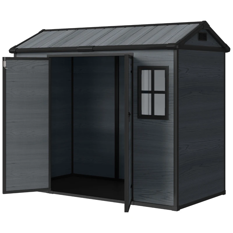 Outsunny 8 x 4 ft Resin Garden Shed, Wood-Effect Outdoor Storage Shed with Floor, Windows, Lockable Doors and Vents, Dark Grey