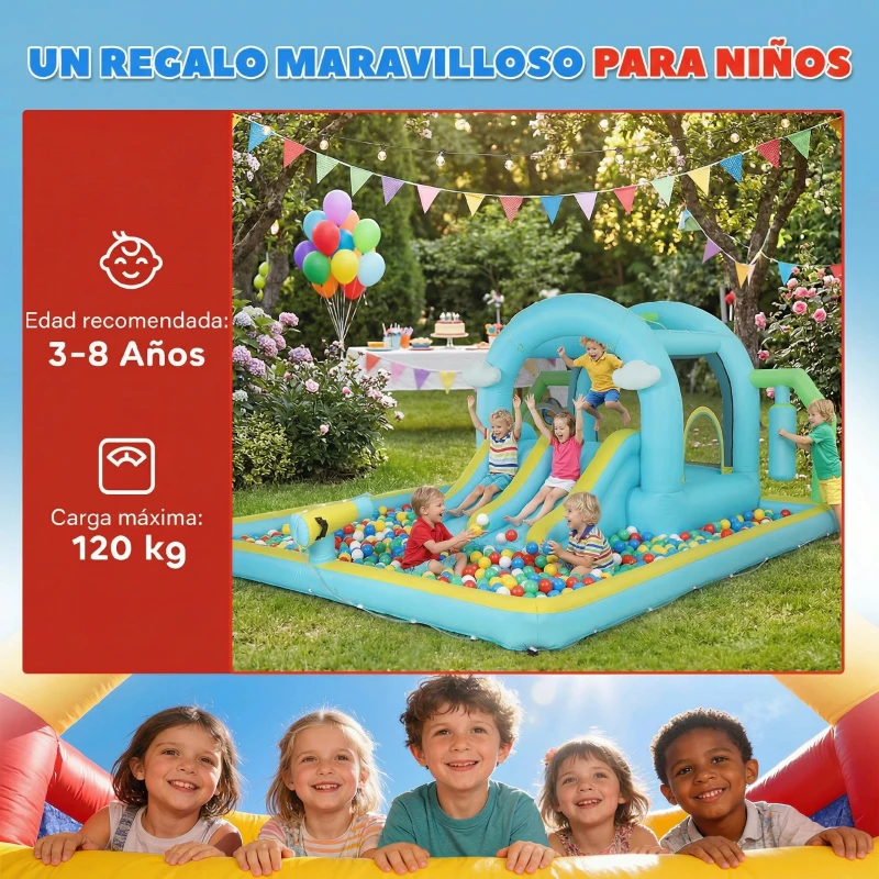 AIYAPLAY Castillo Hinchable Acuático 7 en 1 con Soplador 2 Toboganes Trampolín Piscina Canasta Columna de Boxeo 426x360x198 cm