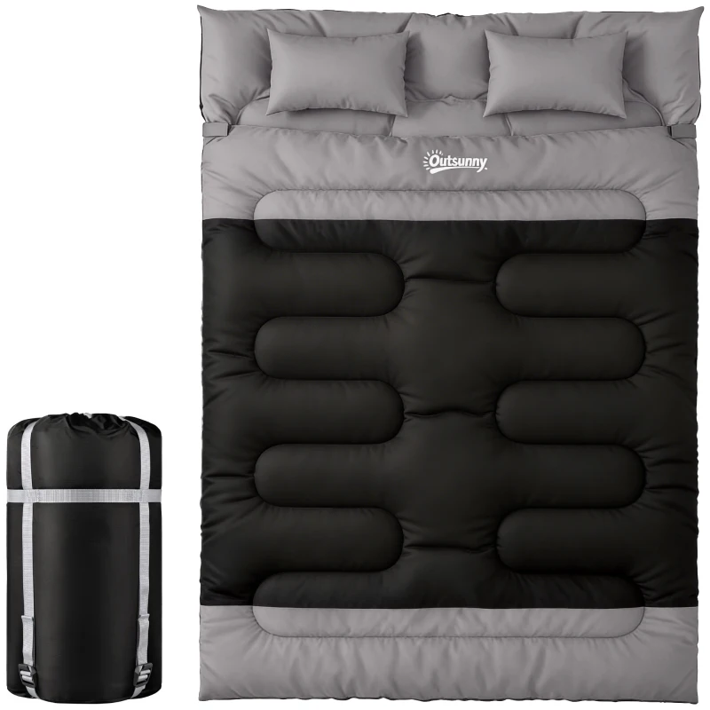 Outsunny Double Sleeping Bag with 2 Pillows, 220 x 160 cm Extra-Large Sleeping Bag for Adults, Black and Grey