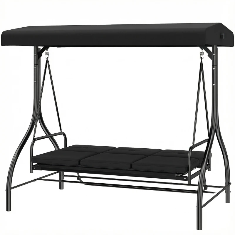 Outsunny 3 Seater Canopy Swing Chair, 2 in 1 Garden Swing Seat Bed, with Adjustable Canopy and Metal Frame, Black