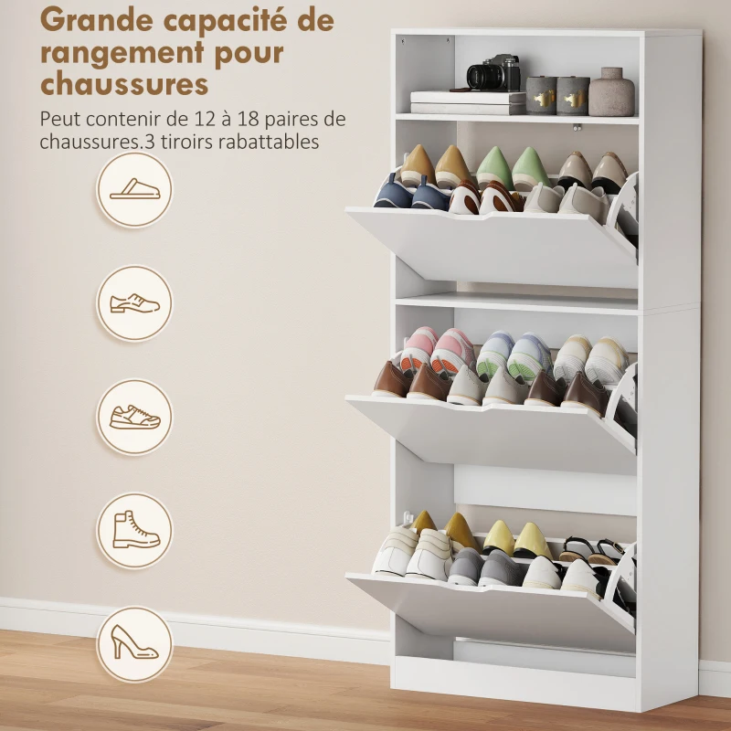 HOMCOM Meuble à chaussures 18 paires, armoire à chaussures étroite, 3 tiroirs rabattables, étagères réglables, blanc