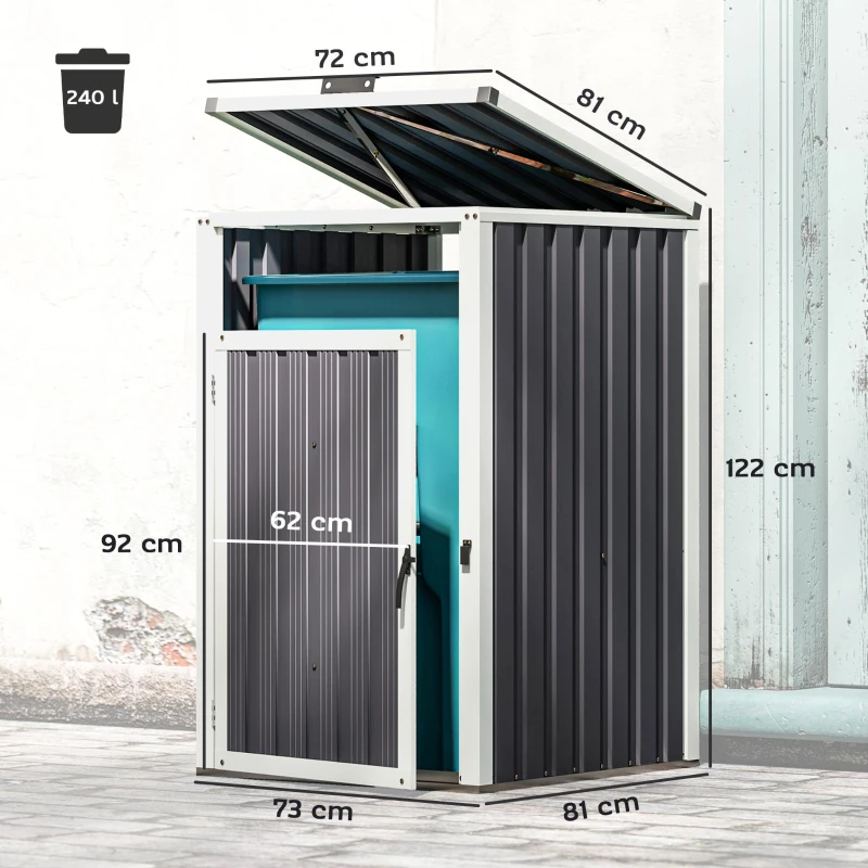 Outsunny Adăpost pentru 1 coș de gunoi 240L, adăpost de exterior pentru coș de gunoi, capac rabatabil 180°, oțel galvanizat 73 x 81 x 122 cm, gri închis