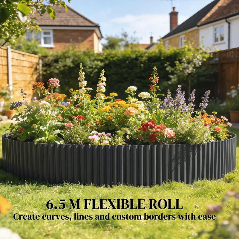 Outsunny Metal Garden Edging Border, 8 in x 21.3 ft Corrugated Heavy Duty Galvanised Steel Lawn Edging, Dark Grey