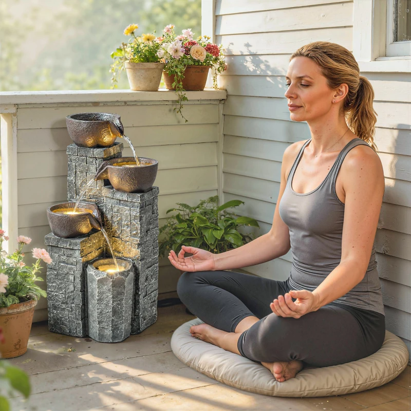 Outsunny 4-Tier Outdoor Fountain, Cascading Waterfall, Garden Fountain with LED Lights, Adjustable Flow, Grey and Rustic Brown