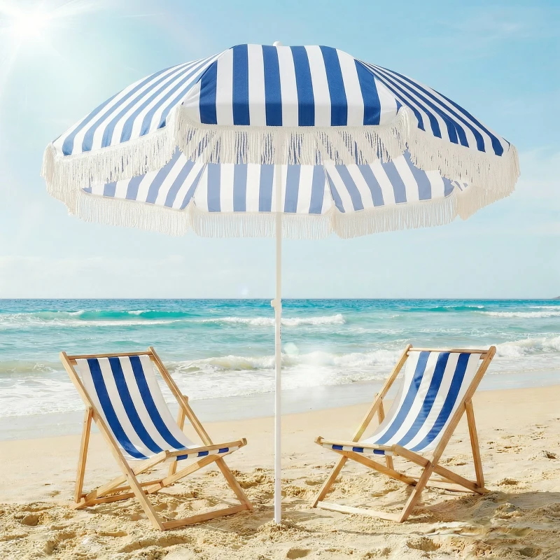 Outsunny Sombrilla de Playa con Flecos Ø180 cm Sombrilla de Terraza Exterior con Altura Ajustable Inclinación 30° Azul y Blanco