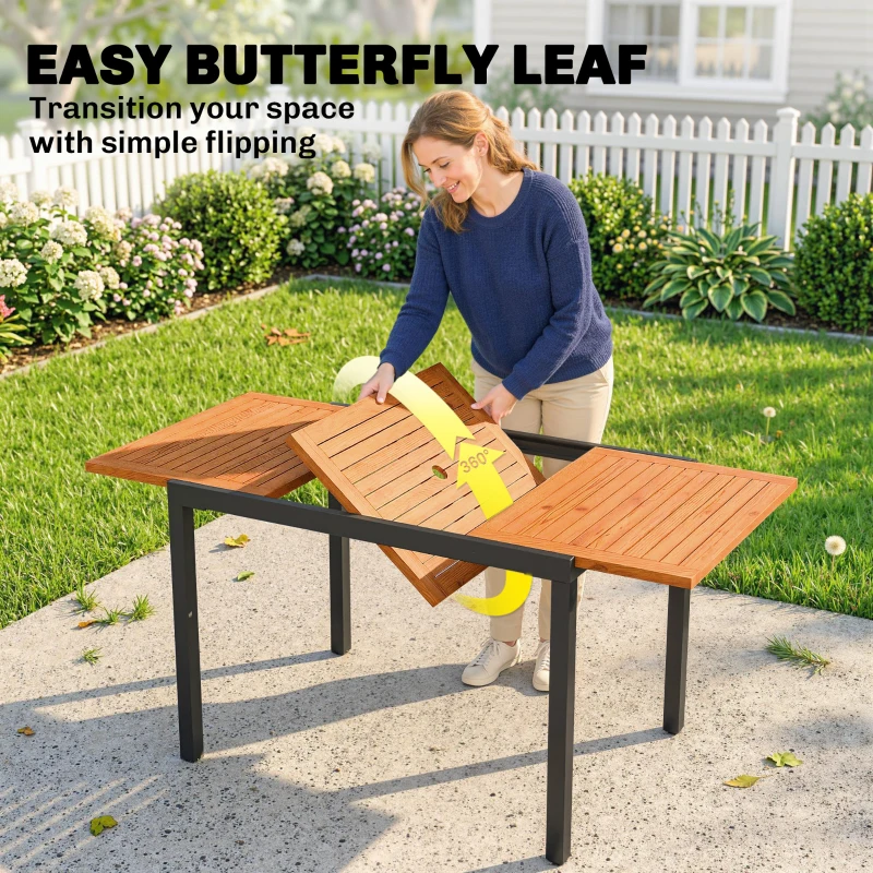 Outsunny Table de Jardin Extensible 100/150x70 cm en Bois et Métal avec Trou pour Parasol pour 4-6 Personnes Teck