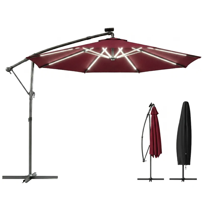 Outsunny 3 m Garden Cantilever Parasol with LED Solar Light, Round Overhanging Umbrella with 360° Rotation, Cover, Wine Red