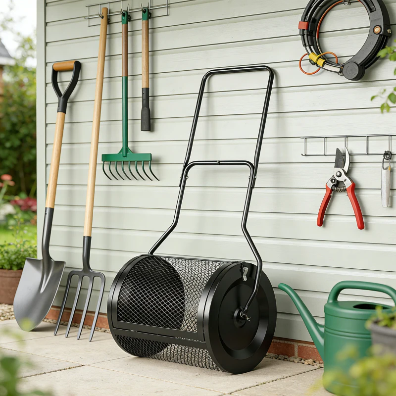 Outsunny Compost Spreader, 20" Peat Moss Spreader with Detachable U-Shaped Handle and Metal Mesh Basket