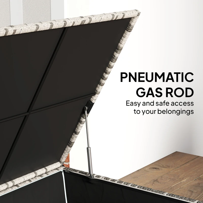 Outsunny 253L Garden Storage Box, Rattan Deck Box with Zipped Liner, Safe Pneumatic Rod, Patio Storage Container, Mixed Grey