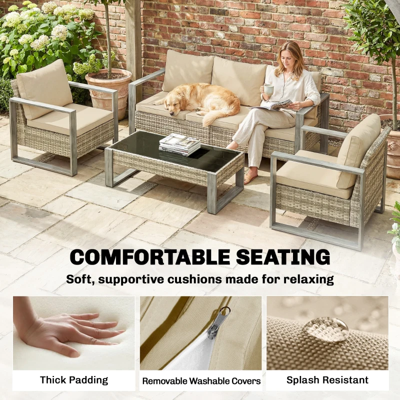 Outsunny 4 Piece Rattan Garden Furniture Set with 3-Seater Sofa, Armchairs, Table, Aluminium Frame Patio Conversation Set, Khaki