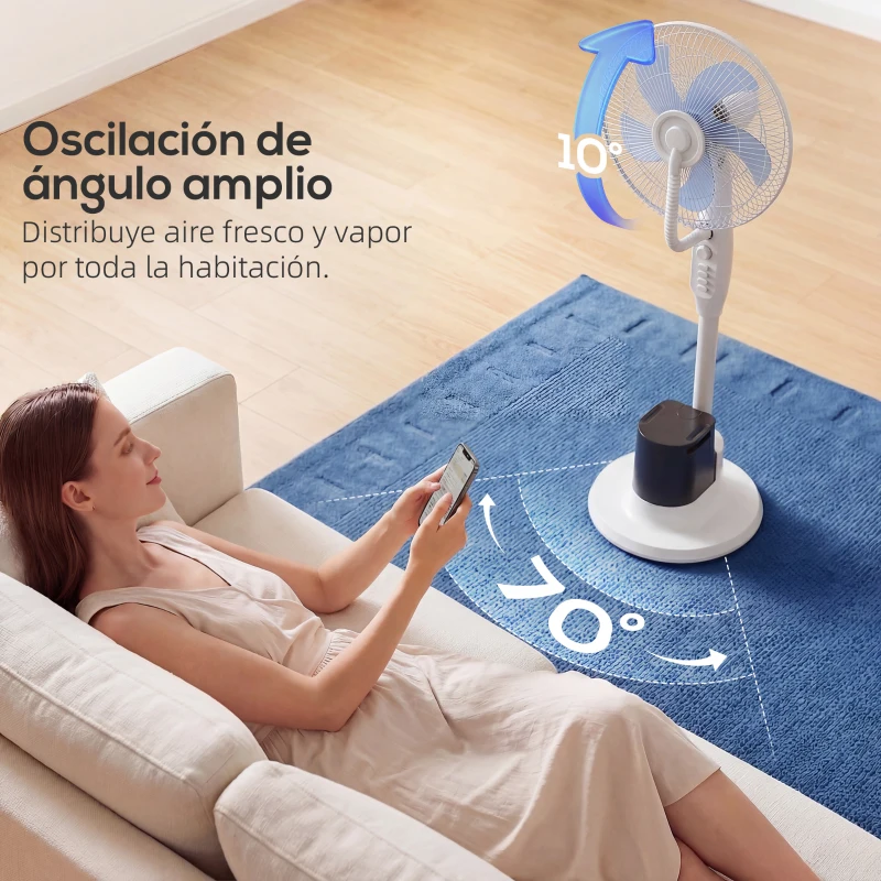 HOMCOM Ventilador Nebulizador 90W Oscilación de 70° 3 Velocidades 5 Aspas Depósito de Agua de 3,5L 5 Ruedas Blanco
