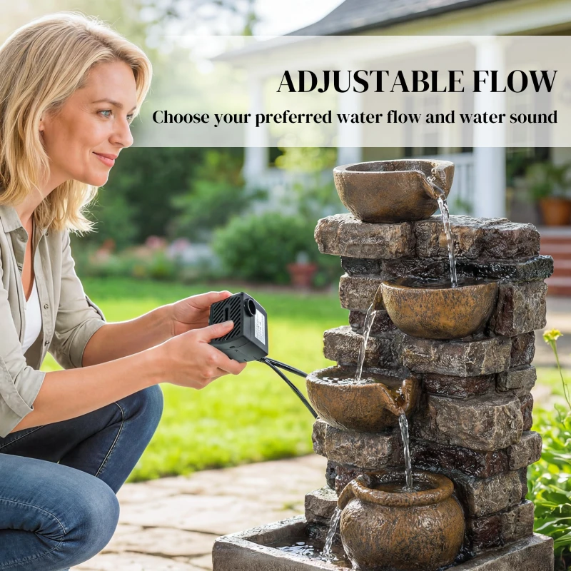 Outsunny 28" 5-Tier Outdoor Fountain, Cascading Waterfall Feature with LED Lights, Adjustable Flow, Rustic Brown