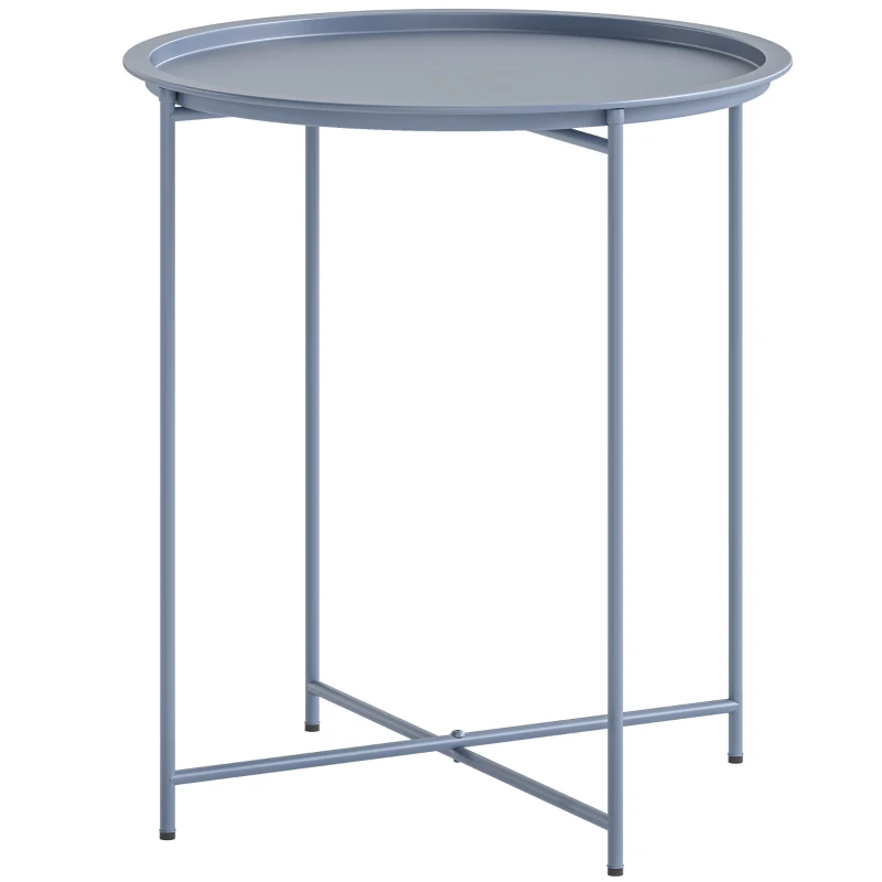 Outsunny Mesa Baja Redonda Mesa Auxiliar Tablero Extraíble con Borde Elevado Patas Plegables en Metal Ø46x50cm Azul Grisáceo