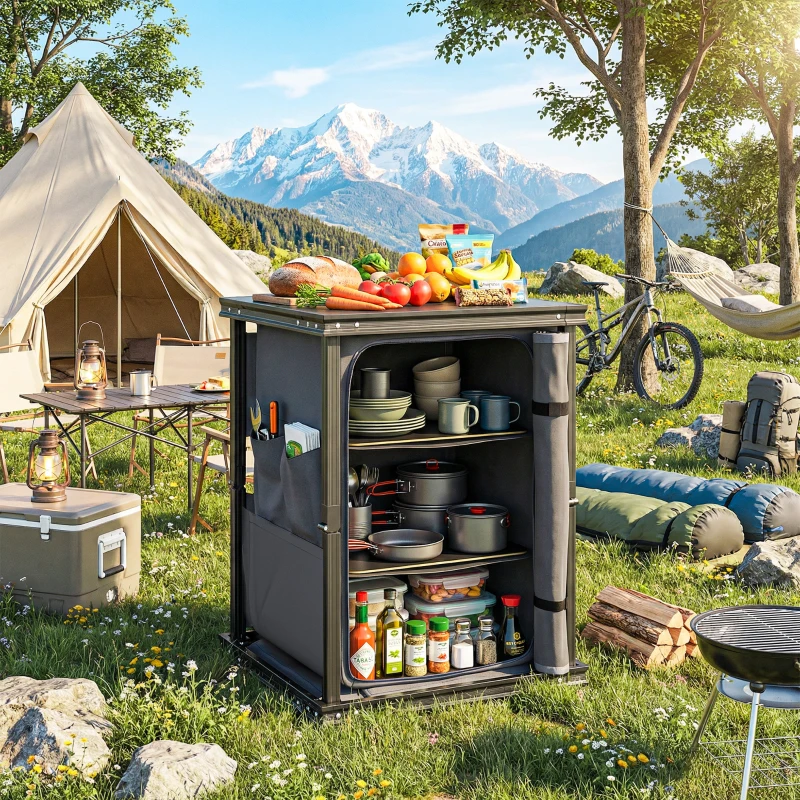 Outsunny Camping Camping Cupboards, Folding Portable Kitchen Table with 3-Tier Storage, Black