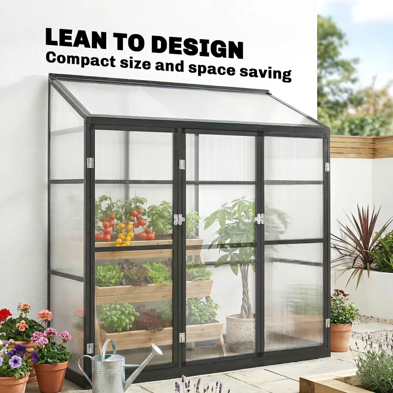 Outsunny Polycarbonate Greenhouse with 3 Hinged Doors, Top Vent, Lean-to Green House, Walk-in Greenhouse, 6 x 1.5ft, Black