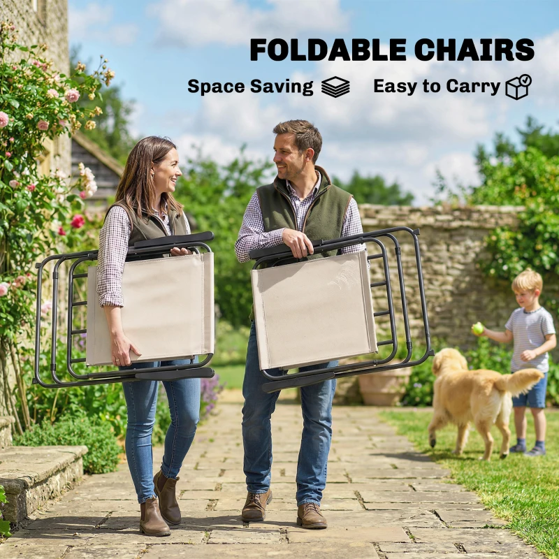 Outsunny 8 Piece Garden Dining Set with Umbrella Garden Furniture Set with 6 Folding Chairs, Tempered Glass Table for Patio Cream