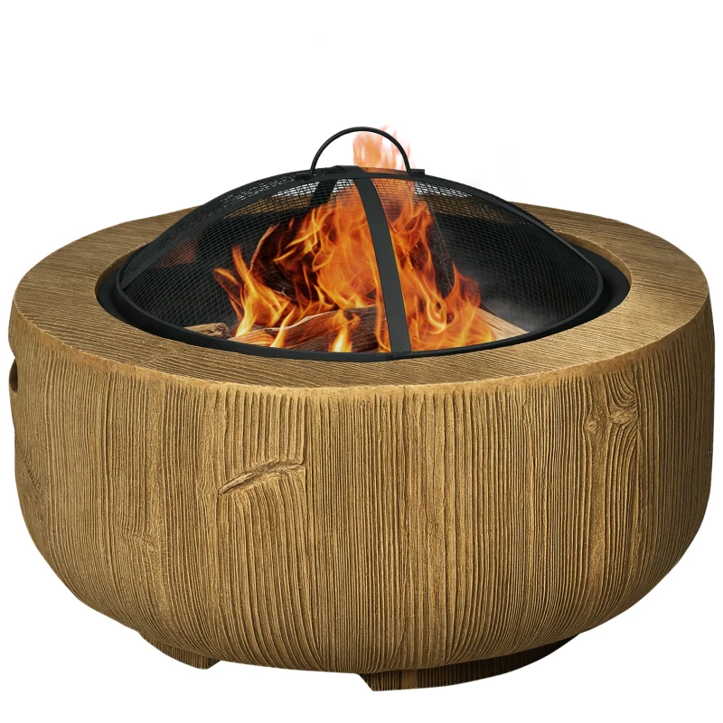 Outsunny Outdoor Fire Pit, 61.5 cm Metal Wood Burning Fireplace with Spark Cover, Poker, Woodgrain Design