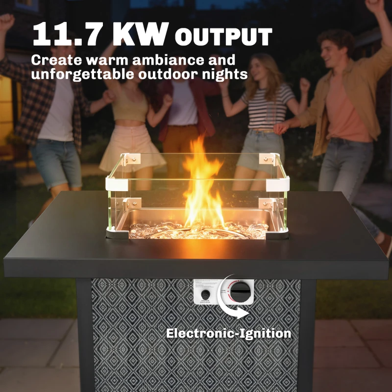 Outsunny Propane Gas Fire Pit Table for Garden, 11.7 KW Smokeless Firepit Outdoor Heater with Wind Guard, Glass Rocks, Lid, Black