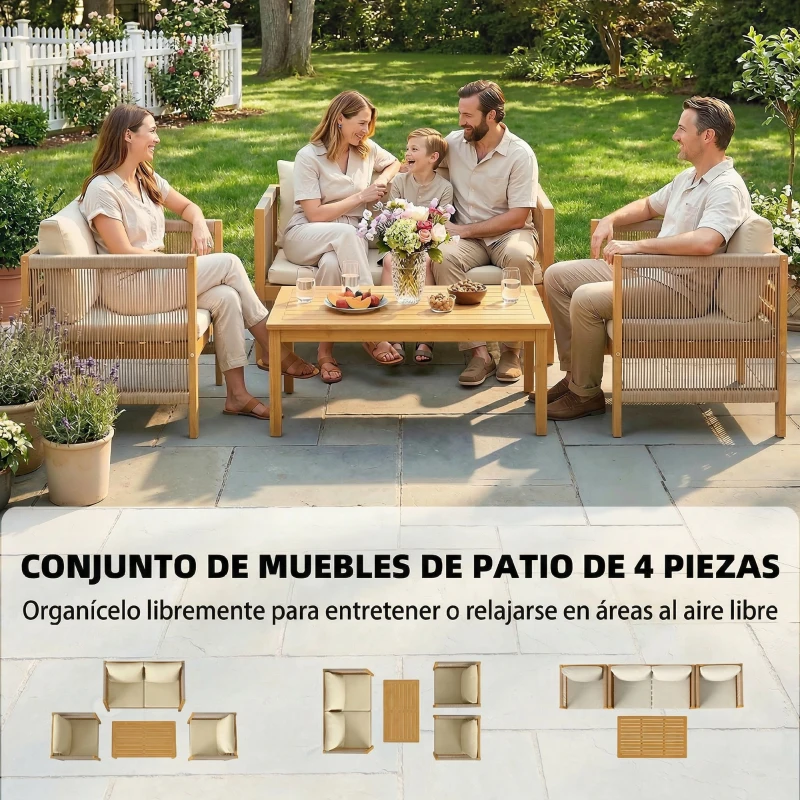 Outsunny Conjunto de Muebles de Jardín de 4 Piezas con Sofá 2 Plazas 2 Sillones Mesa de Madera Cojines y Cuerda PP Beige