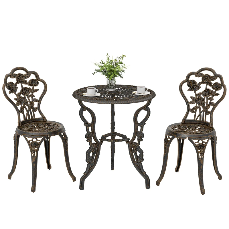 Outsunny Outdoor Bistro Set Vintage Rose Design Patio Furniture Set with Round Table and 2 Chairs Metallic Finish