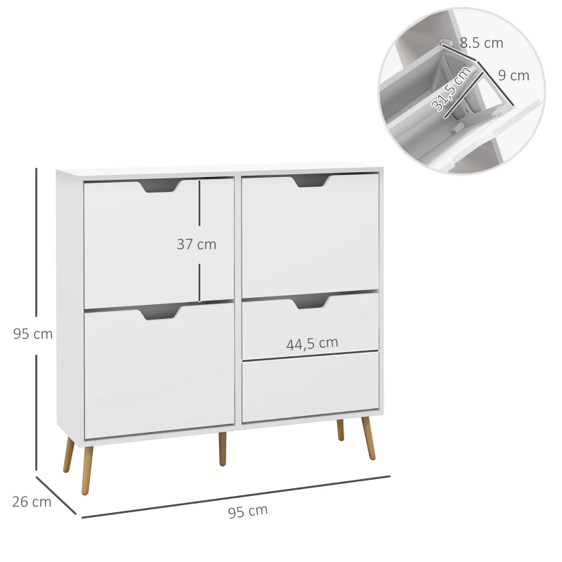 HOMCOM Zapatero Estrecho con 4 Cajones Abatibles y Patas de Madera Mueble Zapatero para 16 Pares 95x26x95 cm Blanco