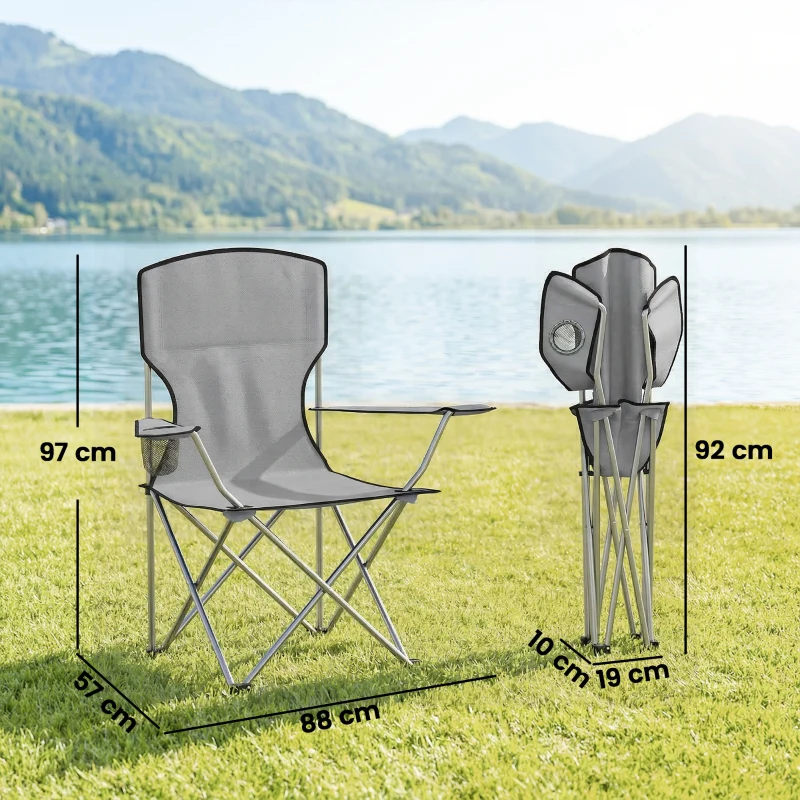 Outsunny Camping Chair Set of 2 Portable Folding Outdoor Camp Chair with Cup Holders and Carry Bag Grey