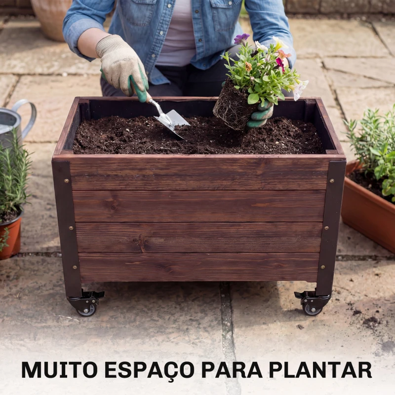 Outsunny Floreira de Madeira com Rodas Orifício de Drenagem e Forro Não Tecido 60x30x41 cm Castanho Escuro