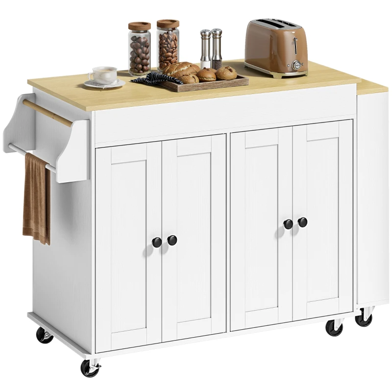 HOMCOM Isla de Cocina con Ruedas Encimera Extensible 4 Puertas Estantes Ajustables Especiero y Soporte para Toallas Blanco