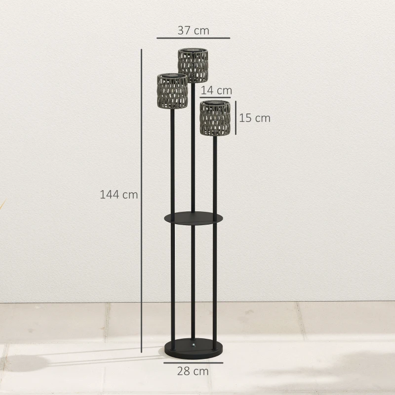 Outsunny Boho Rattan Floor Lamp, 3-Lights Rattan Lamp with Shelf, Freestanding Solar Garden Light with Auto On/Off Lights, Grey