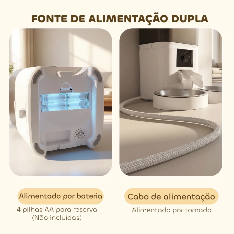 PawHut Comedouro Automático 6L WiFi 2.4G com Controlo App 2 Taças Programável 1-10 Refeições Gravador de Voz 10s Fácil de Limpar