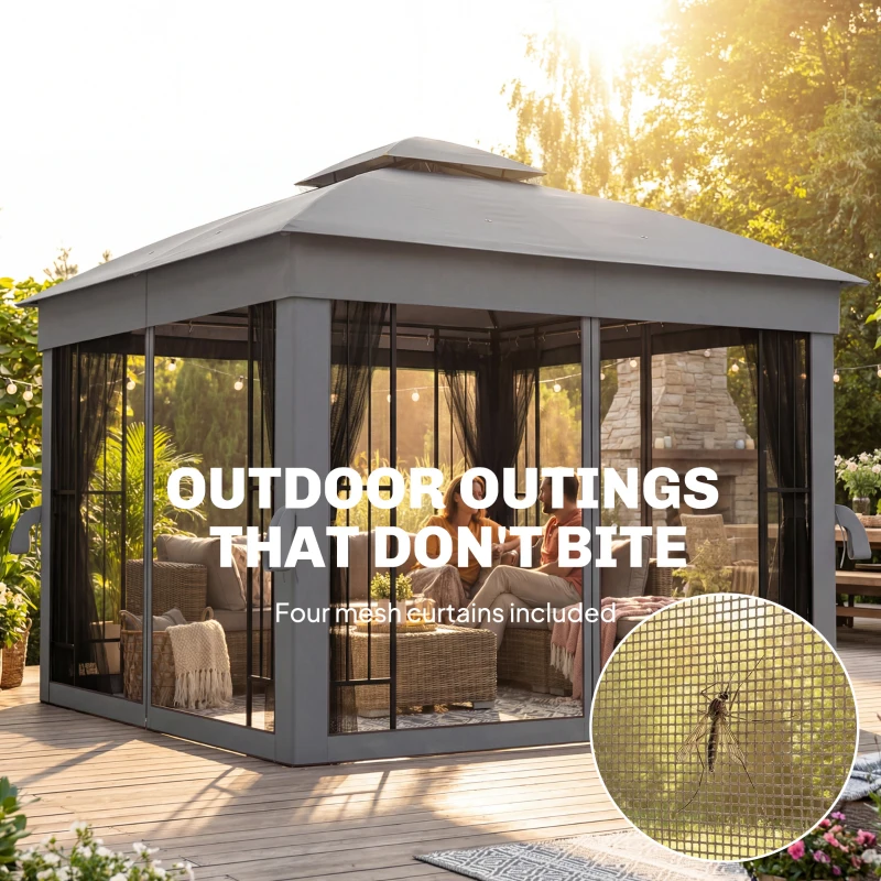 Outsunny 3 x 3 m Outdoor Garden Gazebo with Post Shelves, UPF50+ Double Roof Patio Permanent Pavilion, Grey