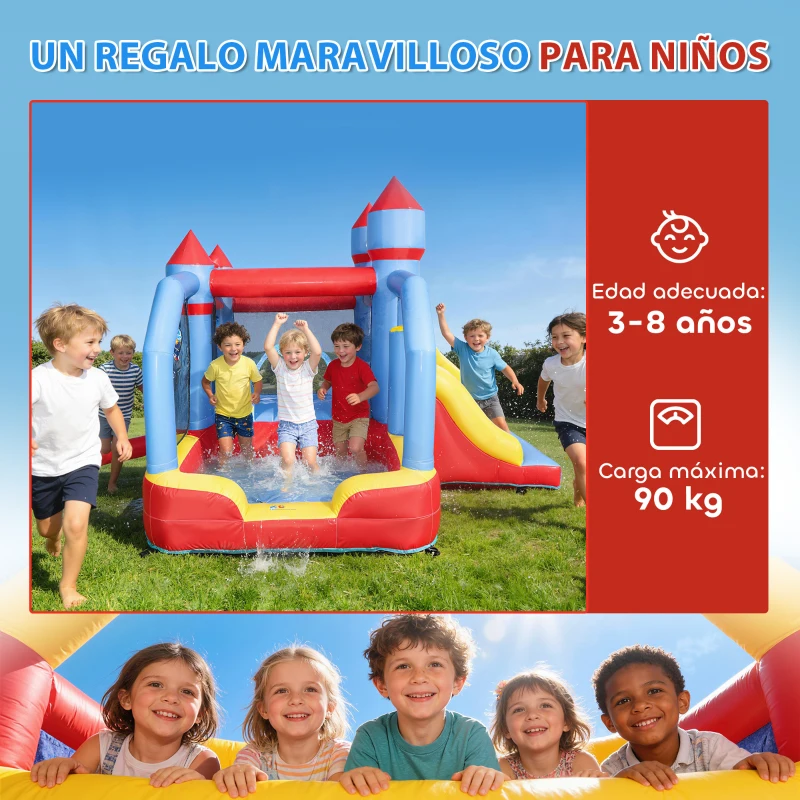 AIYAPLAY Castillo Hinchable para Niños con Soplador Tobogán Trampolín Piscina Pilar de Boxeo y Aro de Baloncesto 277x270x215 cm