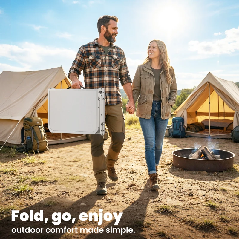 Outsunny 3ft Folding Camping Table, Picnic Table with Mesh Storage Layer, Carrying Bag and Metal Frame, Cream White