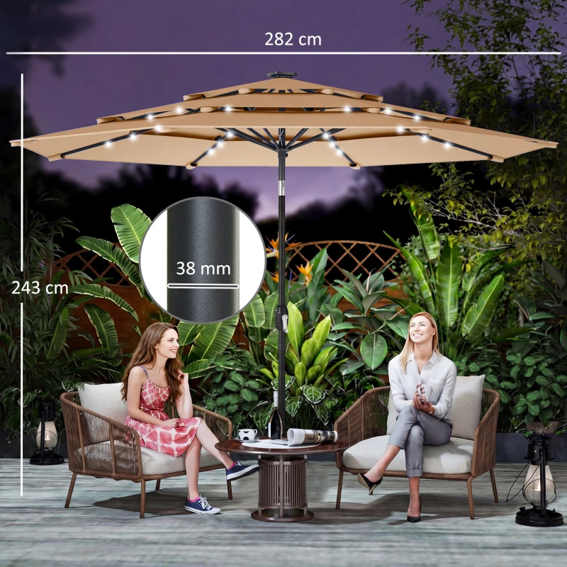 Outsunny 2.8 m Garden Parasol Umbrella with LED Solar Light, Parasol Cover, 3 Tier Outdoor Table Market Patio Umbrella, Khaki