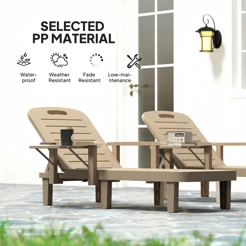 Outsunny Set of 2 Reclining Sun Loungers, 5 Positions Adjustable Outdoor Chaise Lounge Chair with Armrests, Khaki