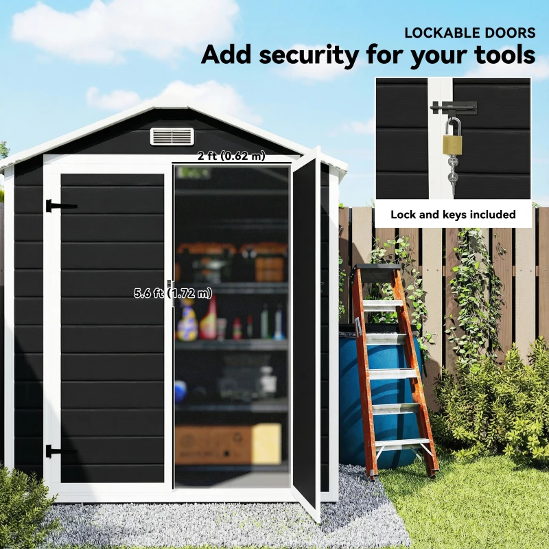 Outsunny 6'x4.5' Garden Storage Shed, Lockable Garden Shed with Double Doors, Window, Vent and Plastic Roof, Black