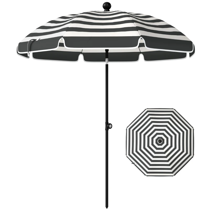 Outsunny 1.8 m Beach Umbrella Parasol with Sand Anchor, Portable 30° Tilting Patio Sun Shade with Adjustable Height, Grey/White