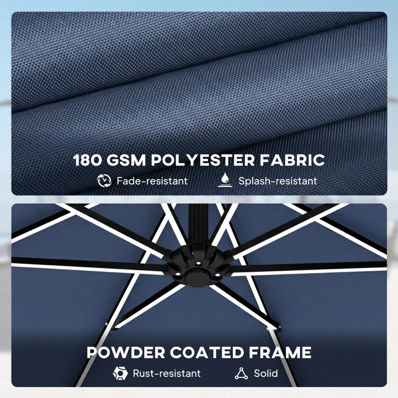 Outsunny 3 m Garden Cantilever Parasol with LED Solar Light, Round Overhanging Umbrella with 360° Rotation, Cover, Navy Blue